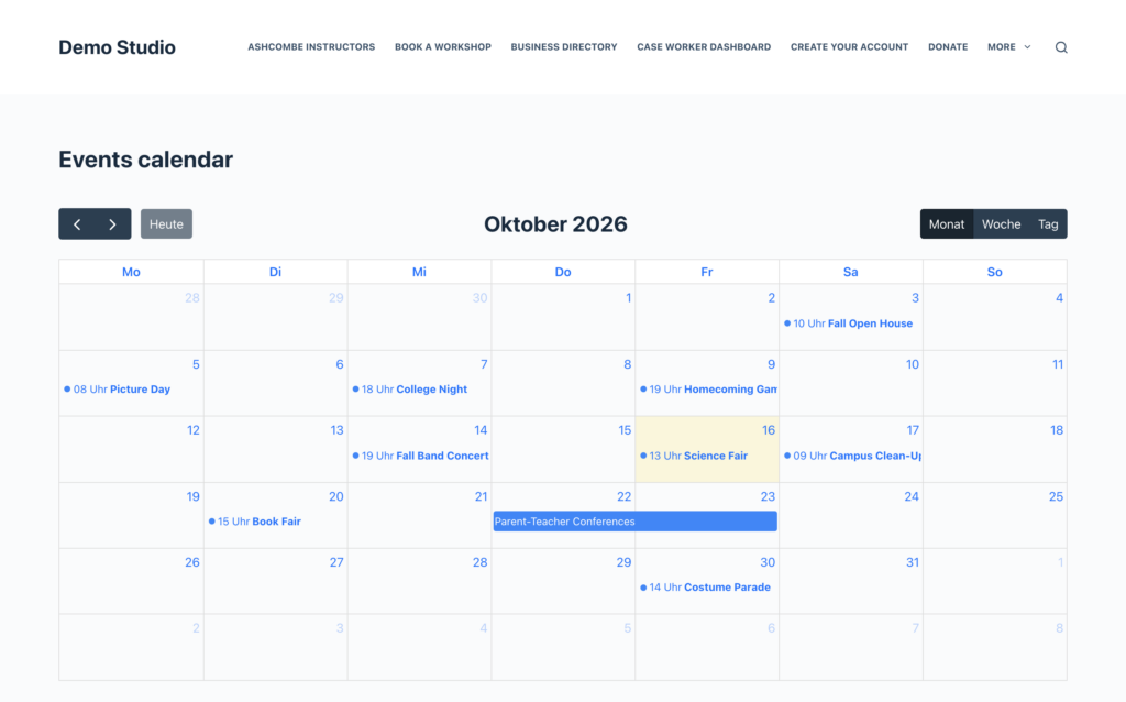 A GravityCalendar month view set to German, showing Oktober 2026, the Heute, Monat, Woche and Tag buttons, weekday headings Mo to So, and event times such as 10 Uhr