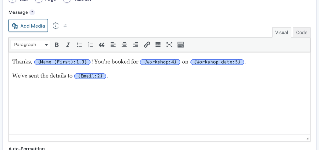 A Gravity Forms confirmation message in the editor with the merge tags Name (First), Workshop, Workshop date, and Email shown as chips, and the insert merge tag button next to Add Media