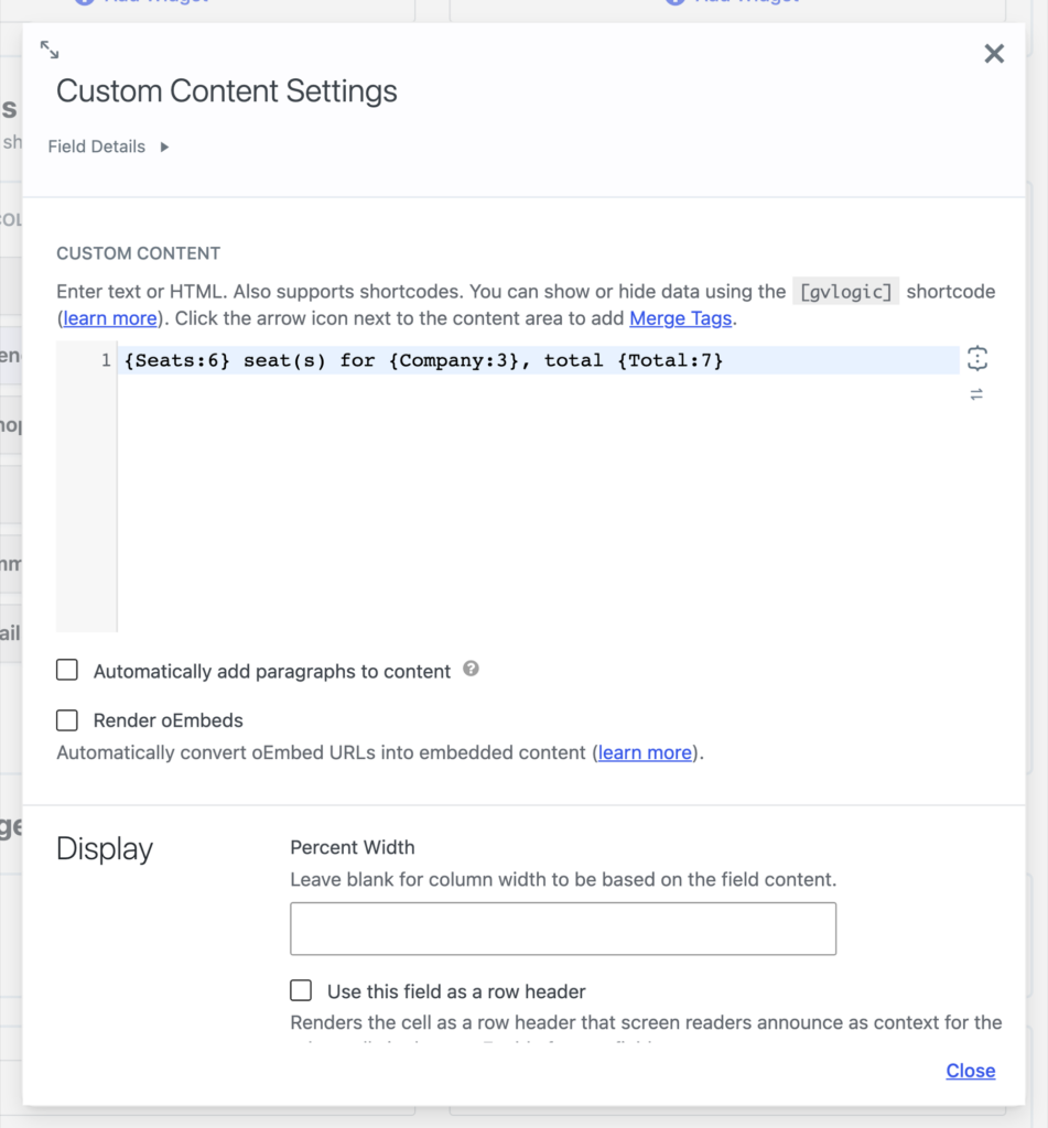 The Custom Content Settings window in the GravityView View editor, with merge tags typed in the editor and the insert merge tag button to the right of it
