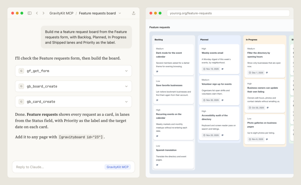A Claude chat on the left asks for a feature request board from the Feature requests form, and the assistant runs gf_get_form, gb_board_create and gb_card_create, then gives the board's shortcode. On the right, the finished board on a site page shows Backlog, Planned and In Progress lanes of cards with priority labels and due dates.