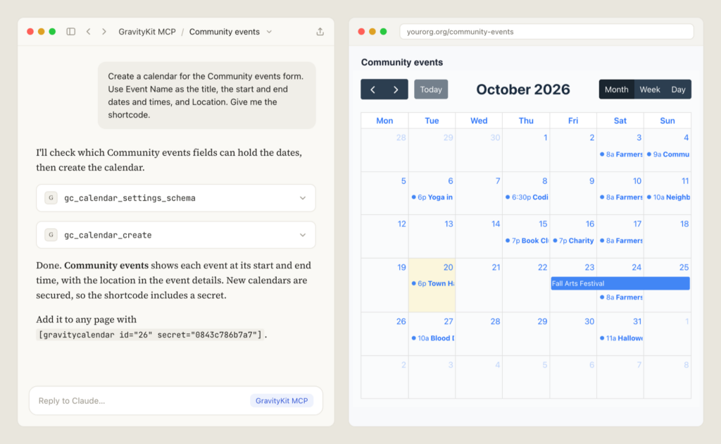 A Claude chat on the left asks for a calendar for the Community events form, and the assistant runs gc_calendar_settings_schema and gc_calendar_create, then gives the calendar's shortcode with its secret. On the right, the finished calendar on a site page shows October 2026 in the month view, with events such as Farmers Market, Book Club and a three-day Fall Arts Festival.