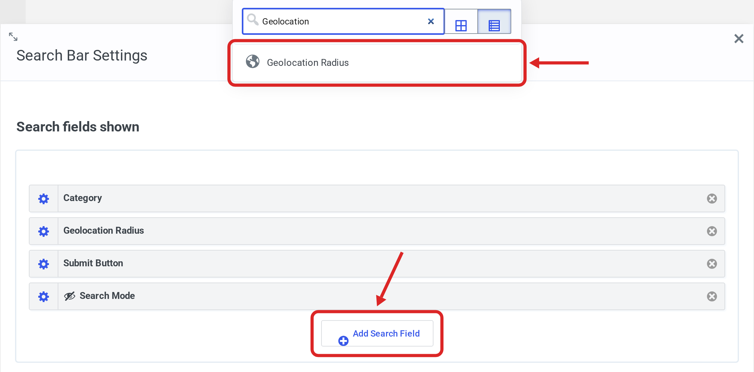 Search Bar Settings with the Add Search Field button and the Geolocation Radius search field outlined