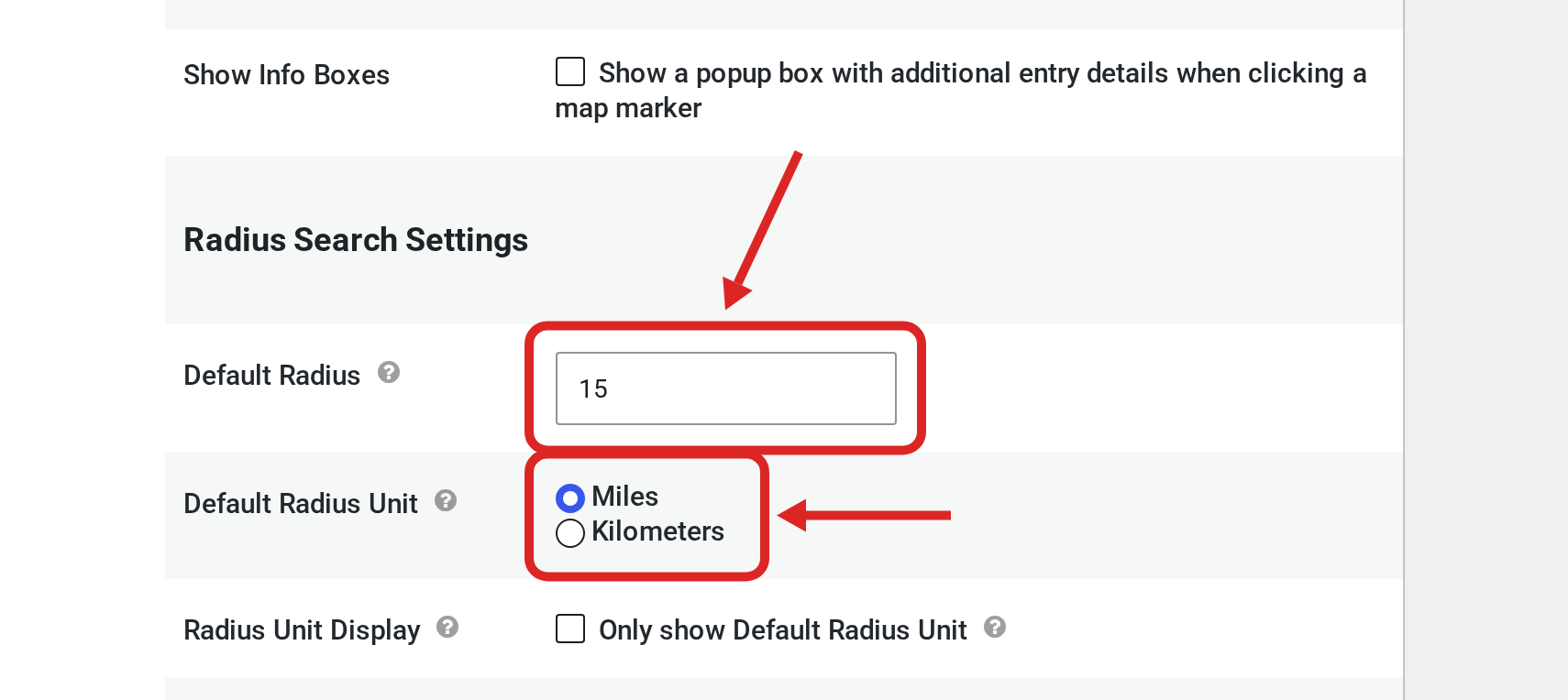 Radius Search Settings on the Maps tab of the Settings box, with Default Radius and Default Radius Unit outlined