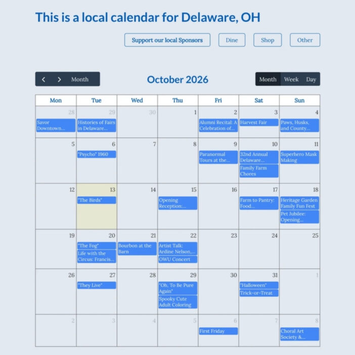 Be There Local calendar for Delaware, Ohio, built with GravityCalendar