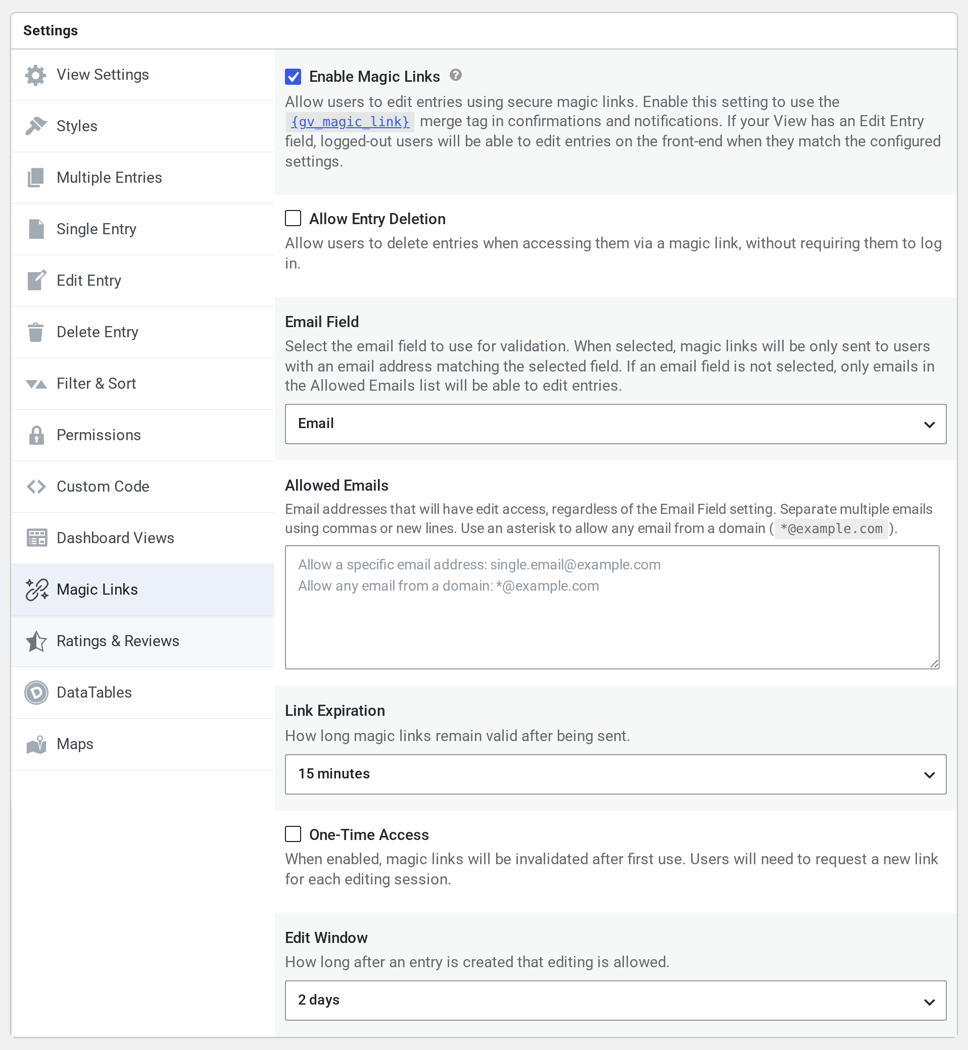 The Magic Links tab of a View's Settings box, with Email Field set to Email, Link Expiration set to 15 minutes, and Edit Window set to 2 days