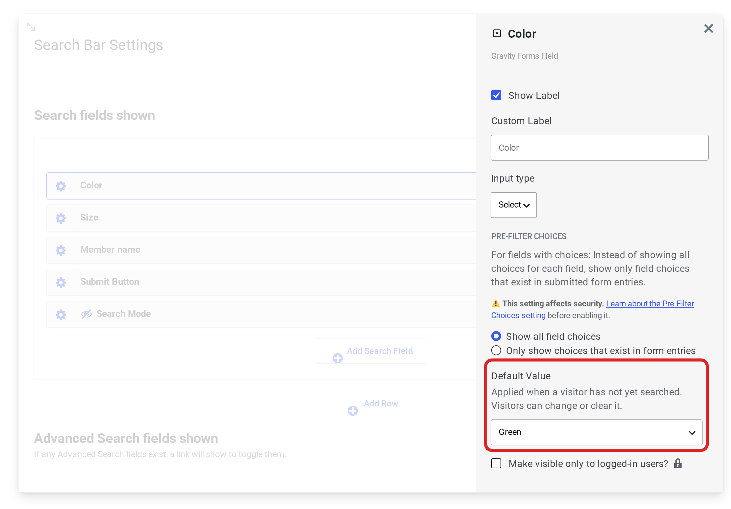 The Color field's settings in Search Bar Settings, with Default Value set to Green