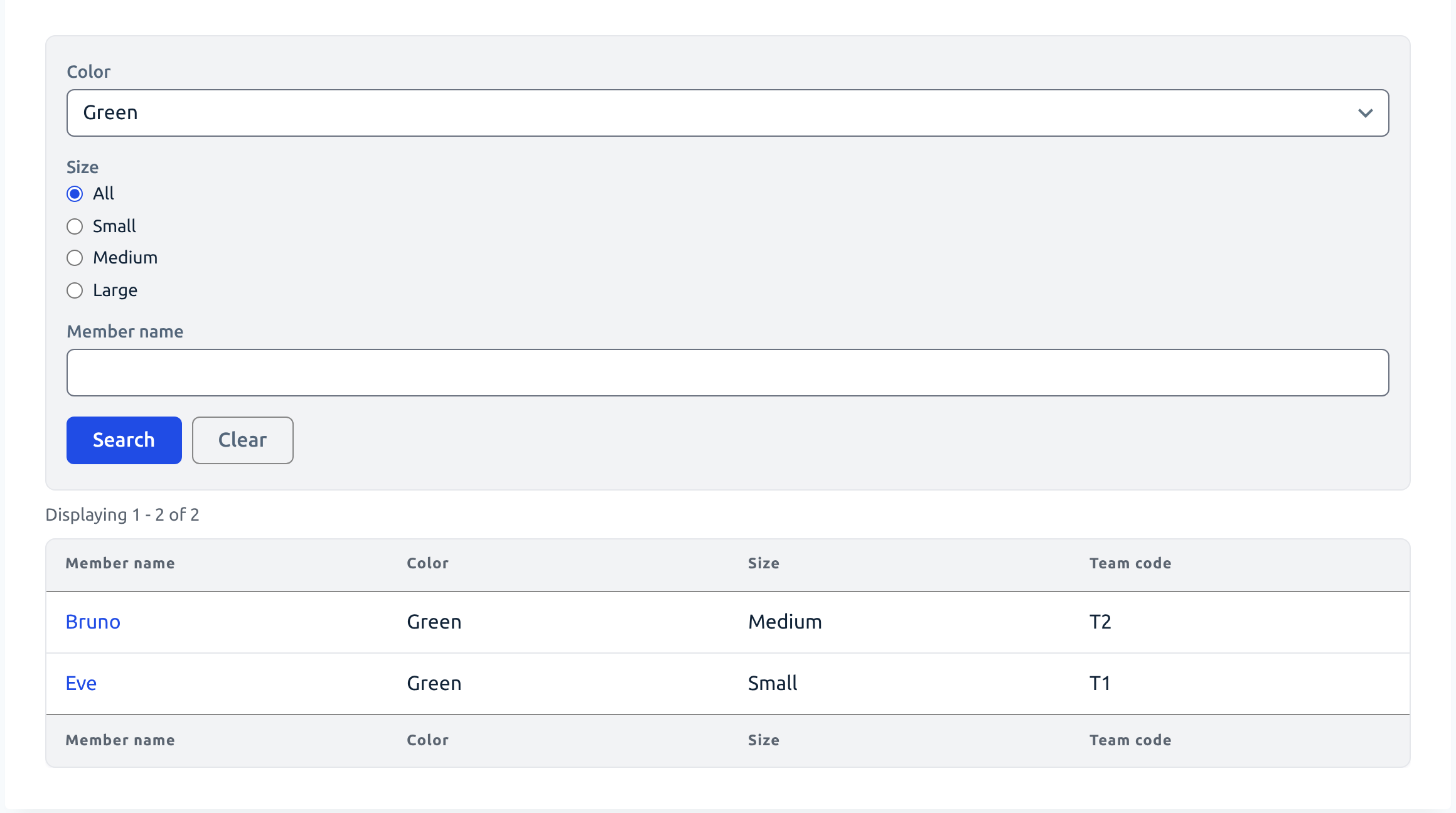 The Search Bar on a visitor's first visit, with Color showing Green and only the two Green entries listed