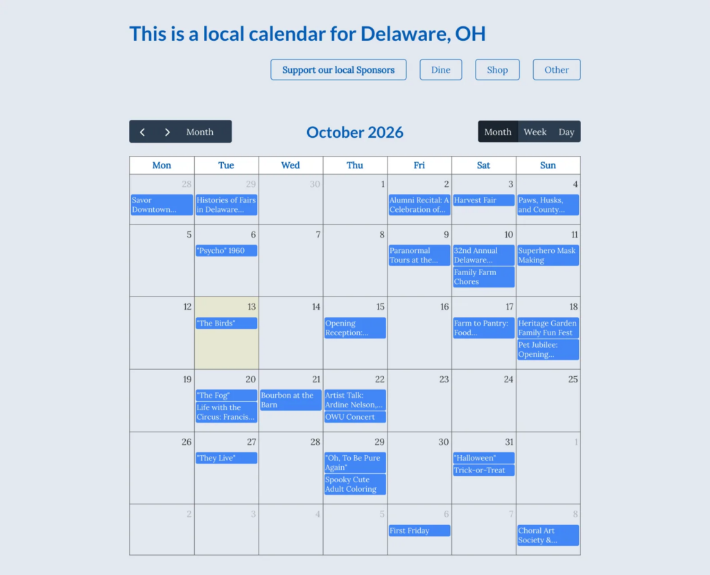 The Be There Local calendar for Delaware, Ohio, built with GravityCalendar: an October month view of nonprofit events, with Support our local Sponsors, Dine, Shop, and Other buttons above it