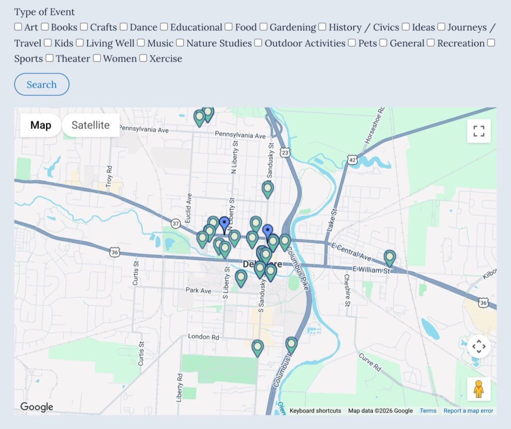 Event-type filters and a map of upcoming events in Delaware, Ohio