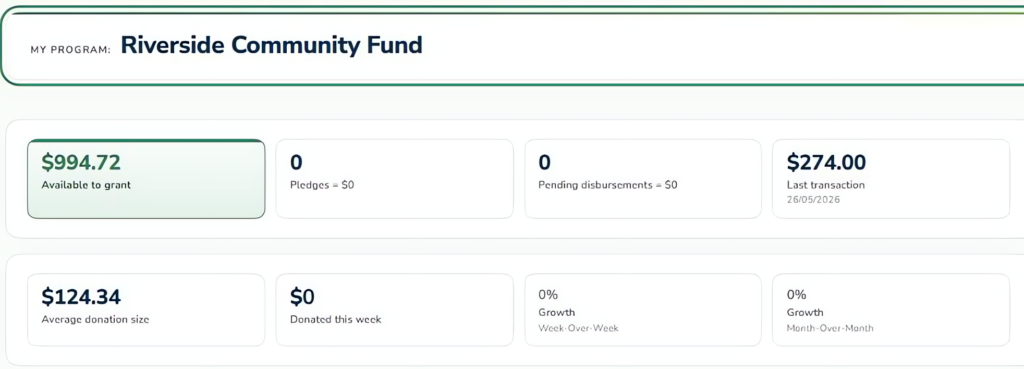 A program dashboard on BrightLeaf Giving showing tiles for amount available to grant, pledges, pending disbursements, last transaction, average donation size, and growth
