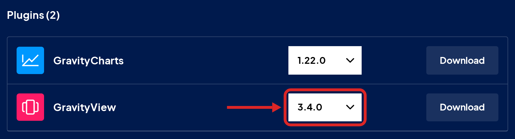 The Plugins list on the Downloads page of a GravityKit account, with a red outline and arrow on the GravityView version drop-down set to 3.4.0, next to the Download button