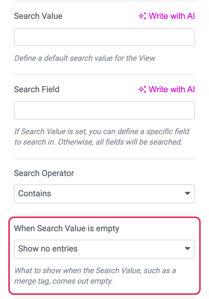 The GravityView widget's Customize View Settings in Elementor, with "When Search Value is empty" set to "Show no entries"