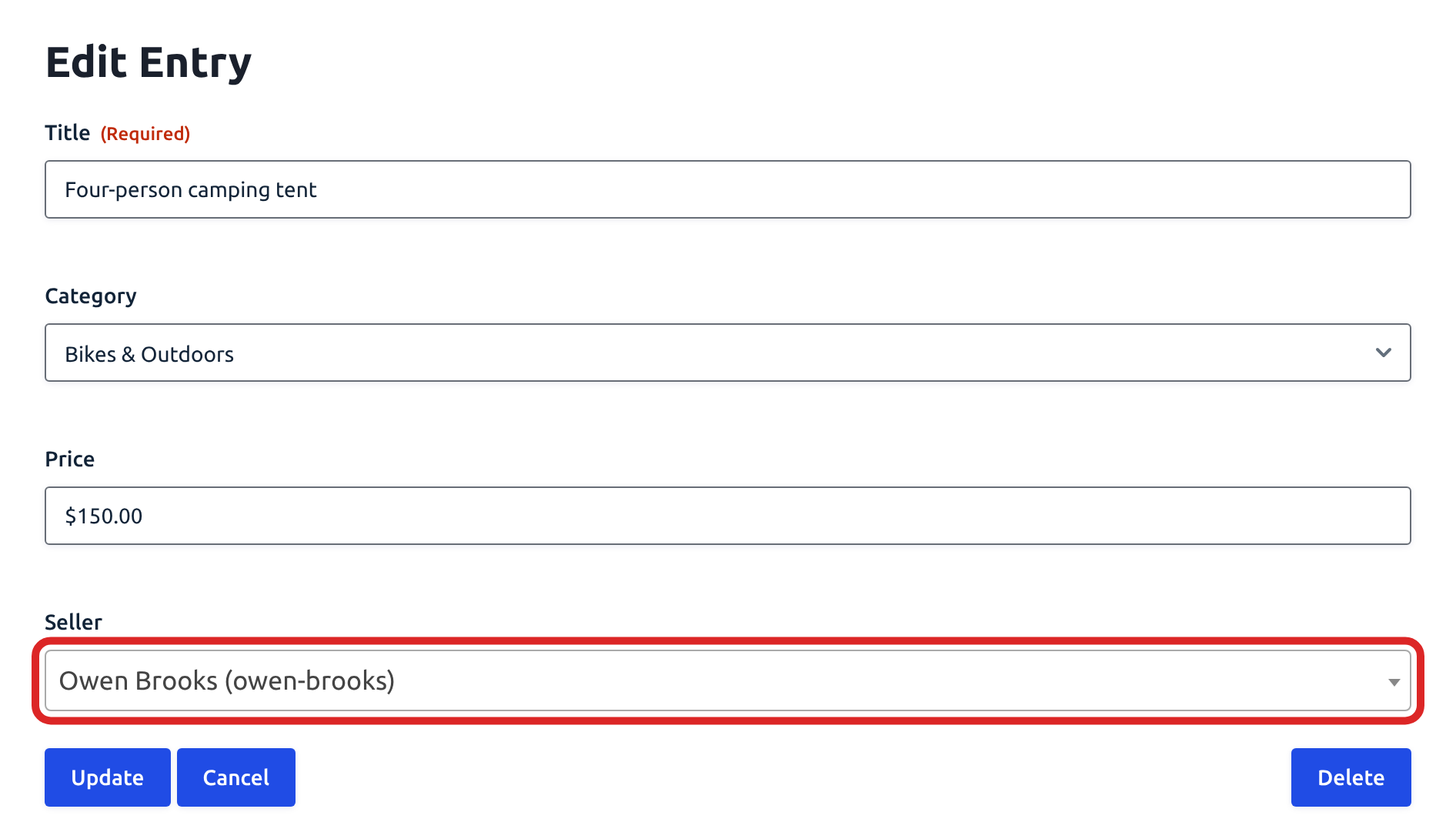 The Edit Entry page of a listing with Title, Category, Price and the Seller dropdown showing the current creator