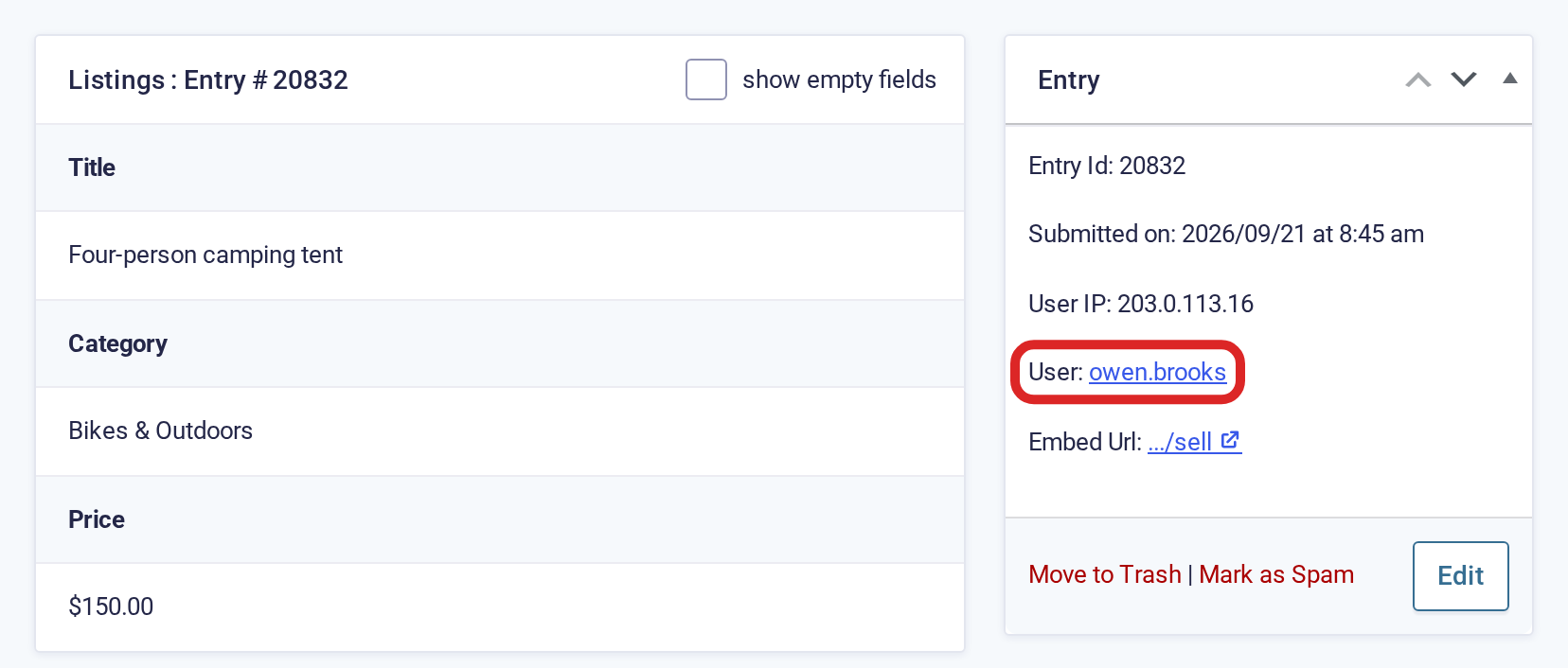 The Entry box on a Gravity Forms entry, showing User: owen.brooks