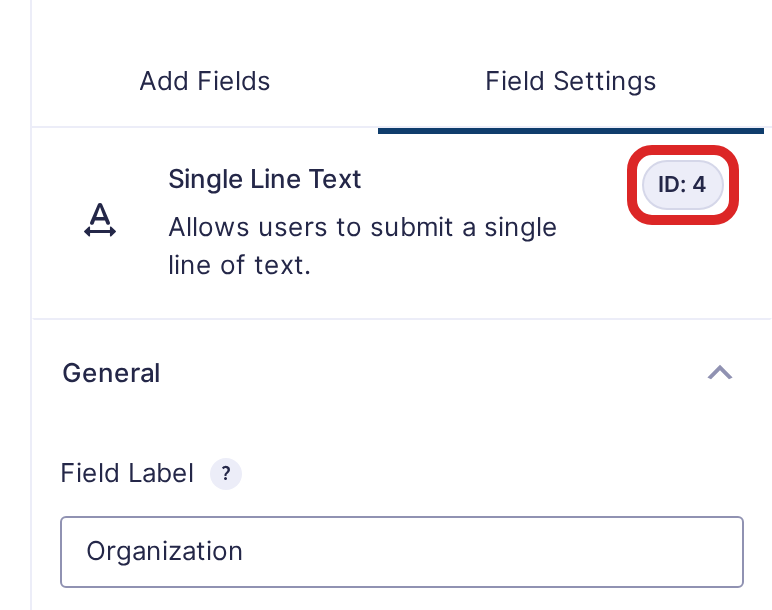The Organization field selected in the Gravity Forms form editor, with its field ID shown in the field settings