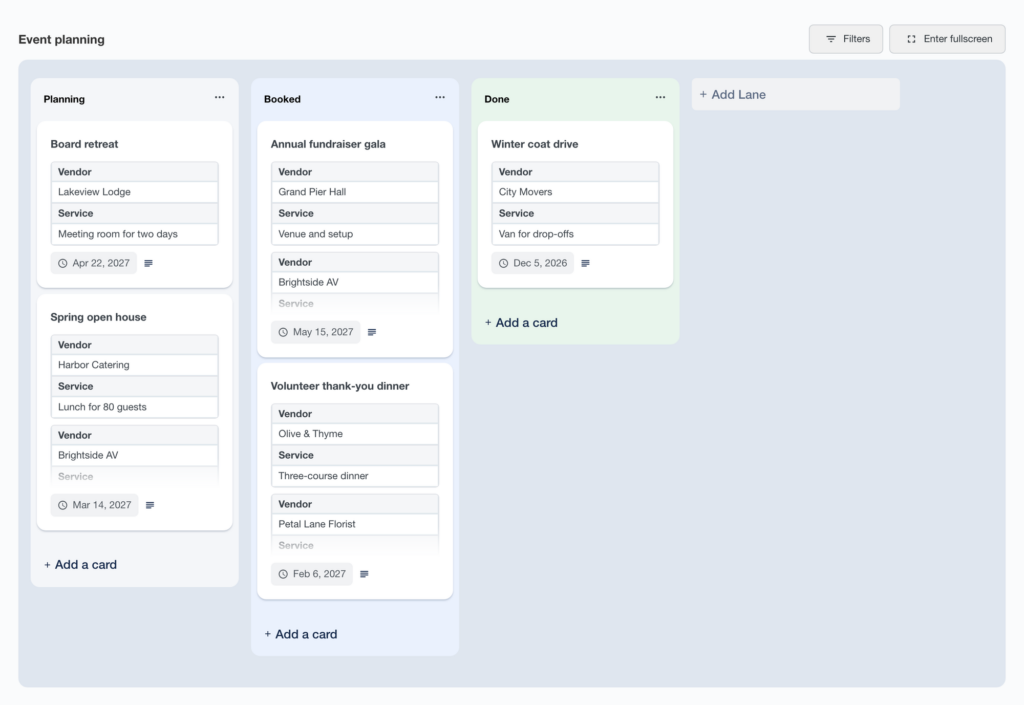 A GravityBoard event planning board with Planning, Booked and Done lanes, where each card's description lists the rows of a Vendors Repeater field, with the Vendor and Service labels above their values