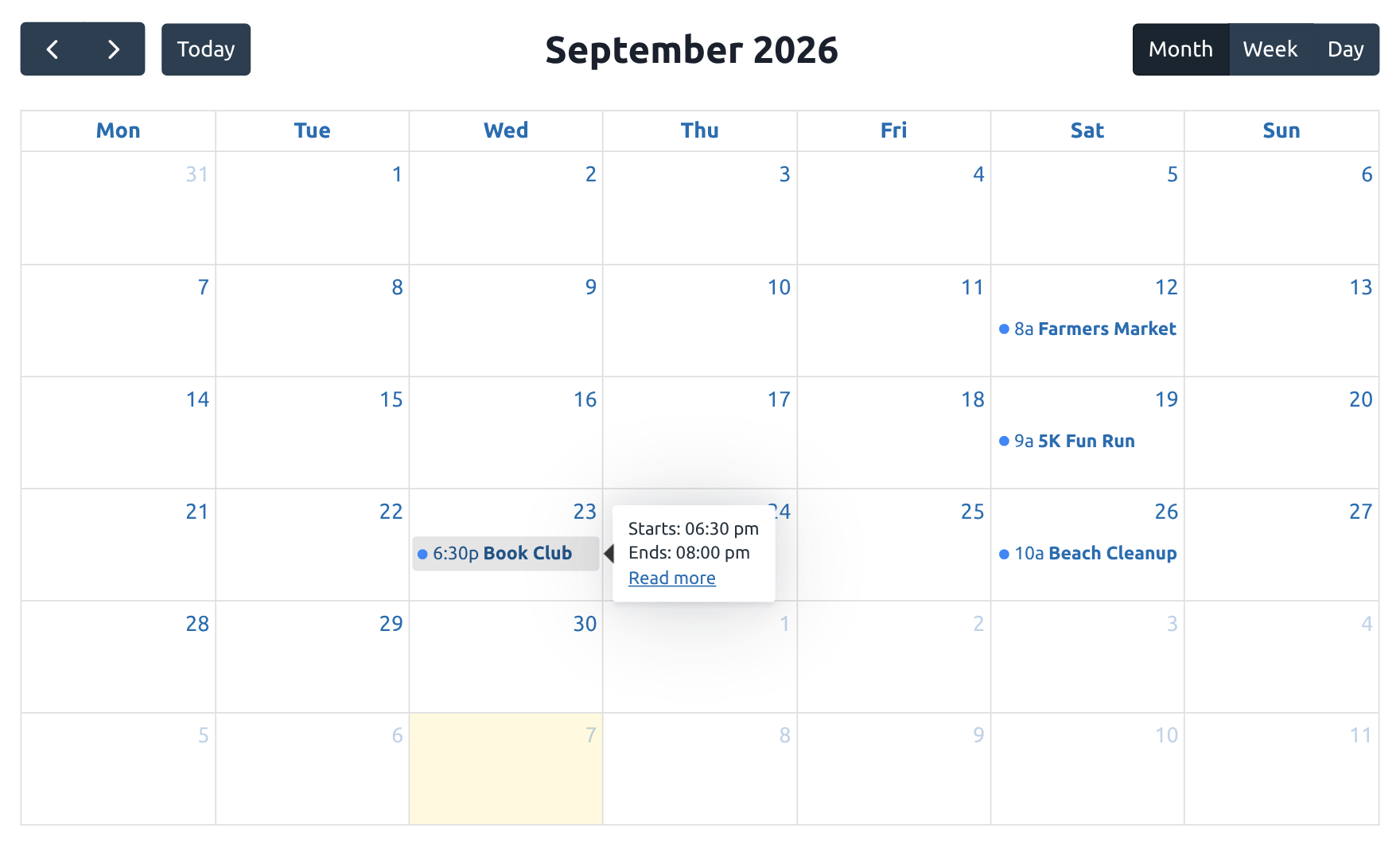 A GravityCalendar month grid, Monday to Sunday, with a tooltip open next to the Book Club event showing its start time, end time, and a Read more link