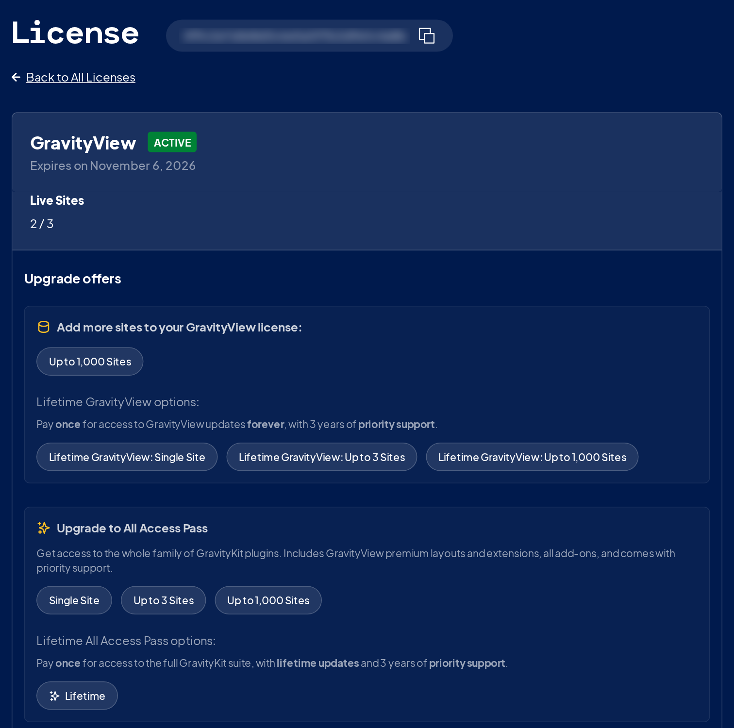 The upgrade offers for a GravityView license: more sites, lifetime GravityView options, and All Access Pass options