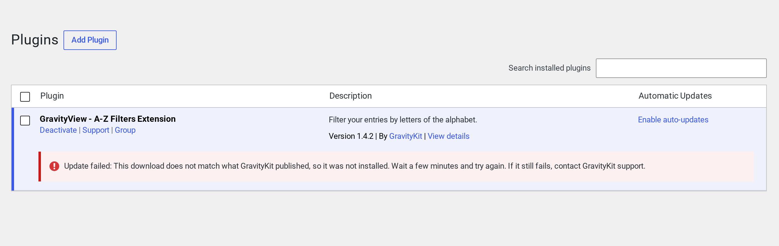 The Plugins page with the A-Z Filters Extension row and the message Update failed: This download does not match what GravityKit published, so it was not installed