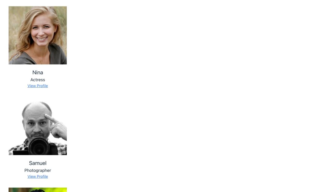 A GravityView List View with older grid CSS, showing member profiles with photos stacked one above the other in a single narrow column on the left, with empty space to the right where the other columns used to be.