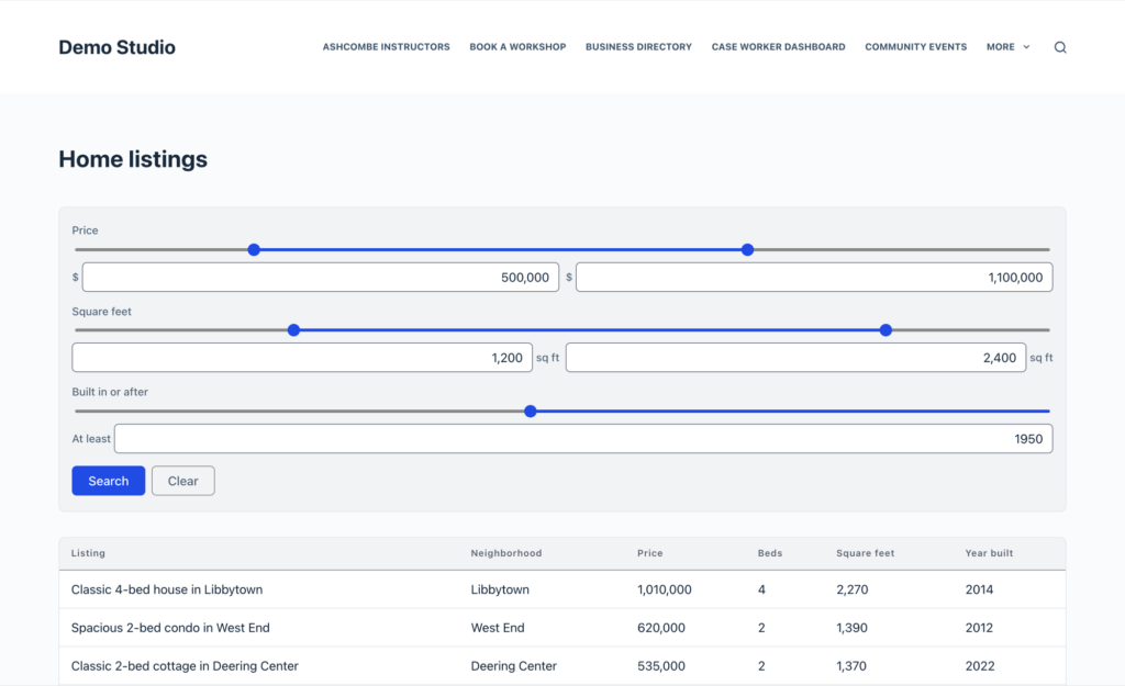 GravityView Search Bar with Slider inputs for Price, Square feet and Year built, each set to a range, above a table of matching home listings