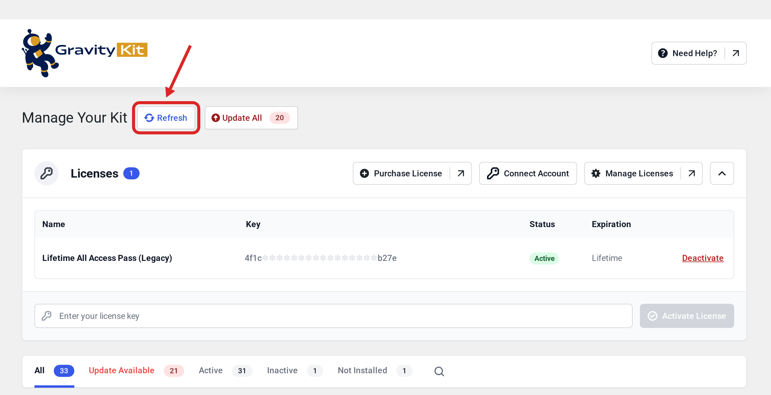 Manage Your Kit with the Refresh button outlined in red, next to the page title and above the Licenses list