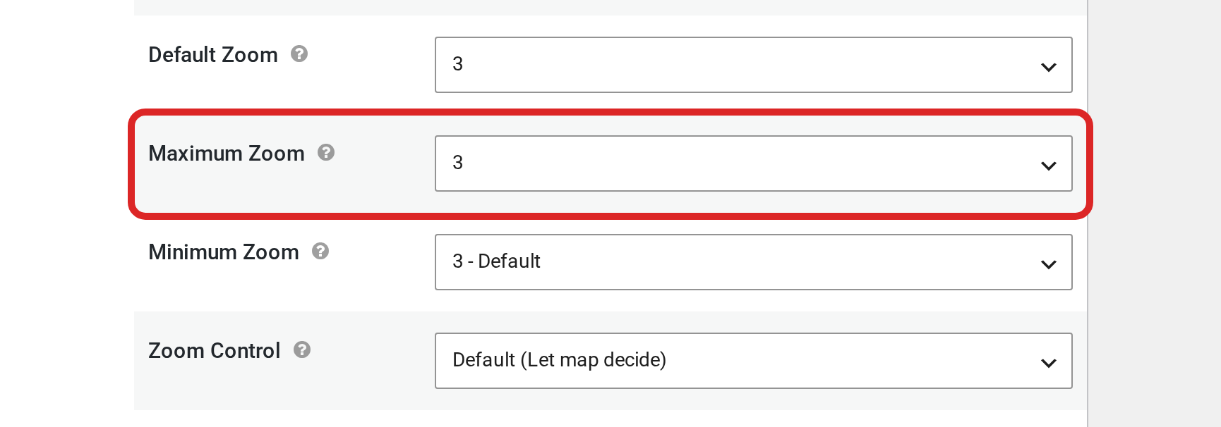 The Maps settings of a View with Maximum Zoom set to 3