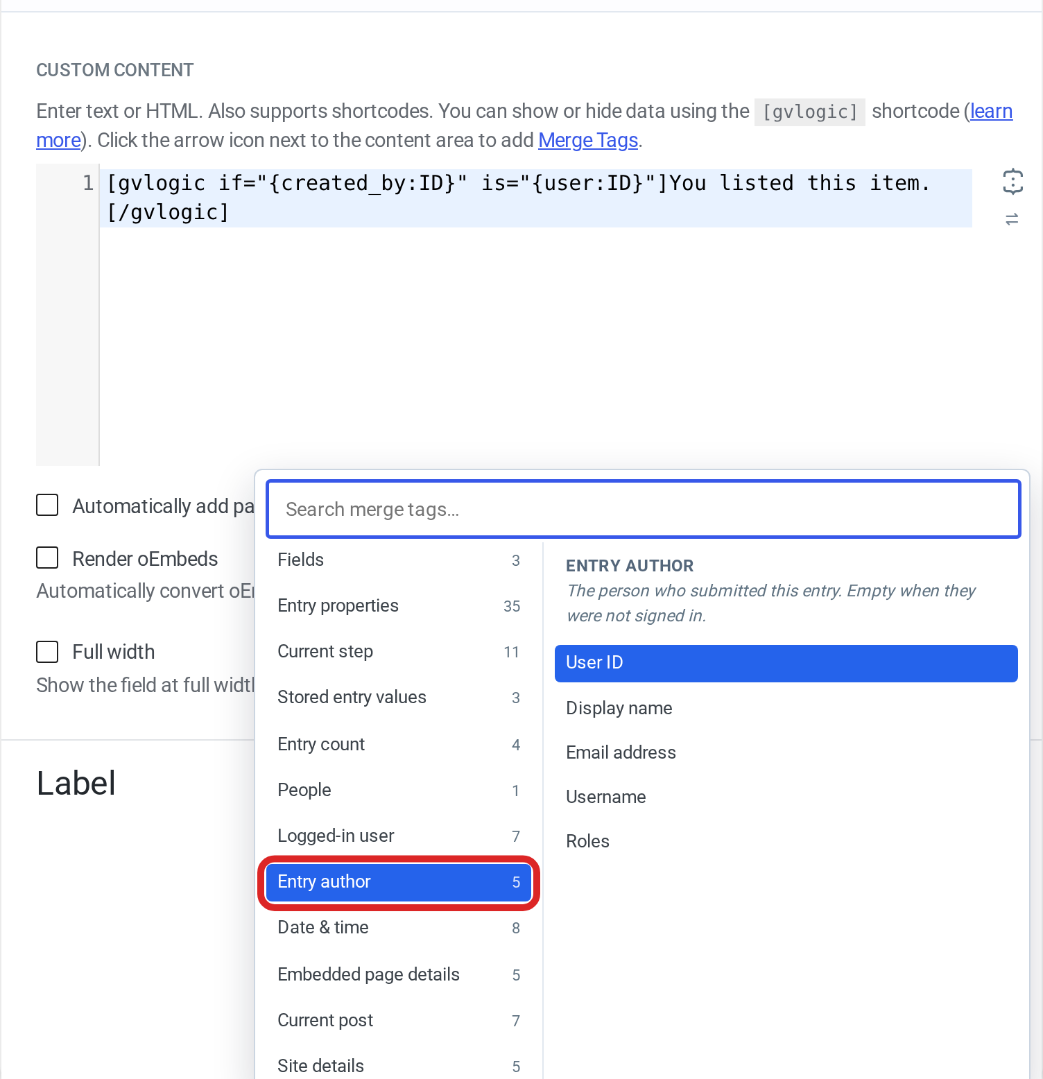 The merge tag list open on the Entry author category, with User ID, Display name, Email address, Username and Roles