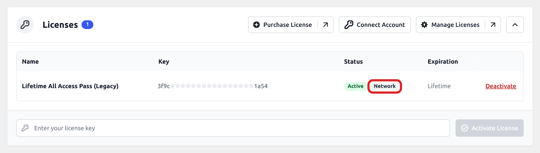 Licenses box in the Network Admin's Manage Your Kit with a network-wide license that shows Active and the Network badge, outlined