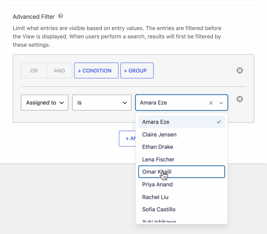 An Advanced Filter condition set to Assigned to is, with its value dropdown open and listing staff names such as Omar Khalil