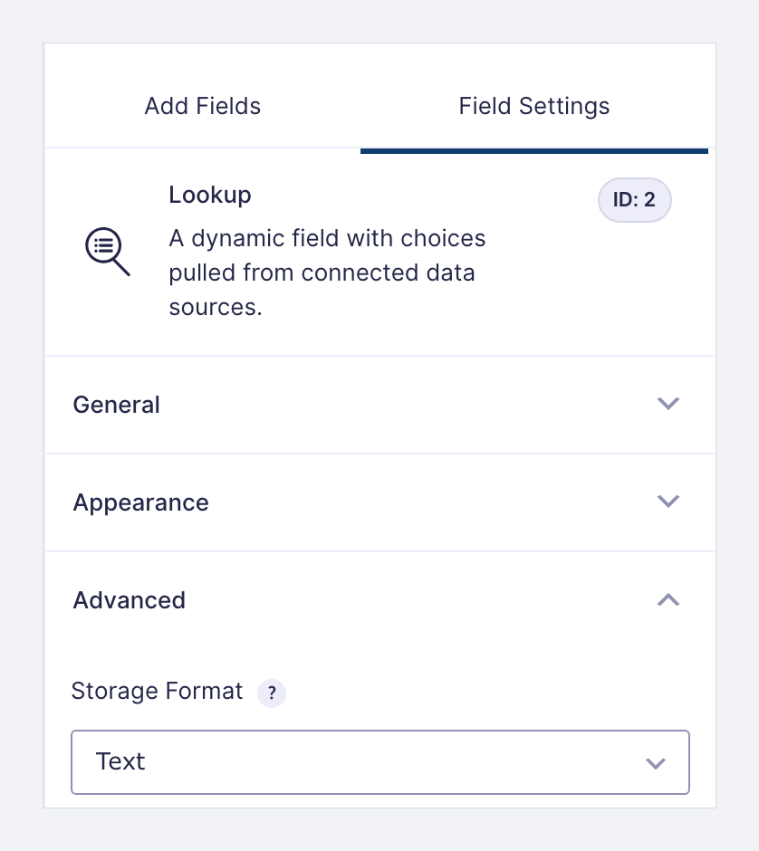 The Lookup field's settings in the Gravity Forms form editor, with the Advanced section open and Storage Format set to Text
