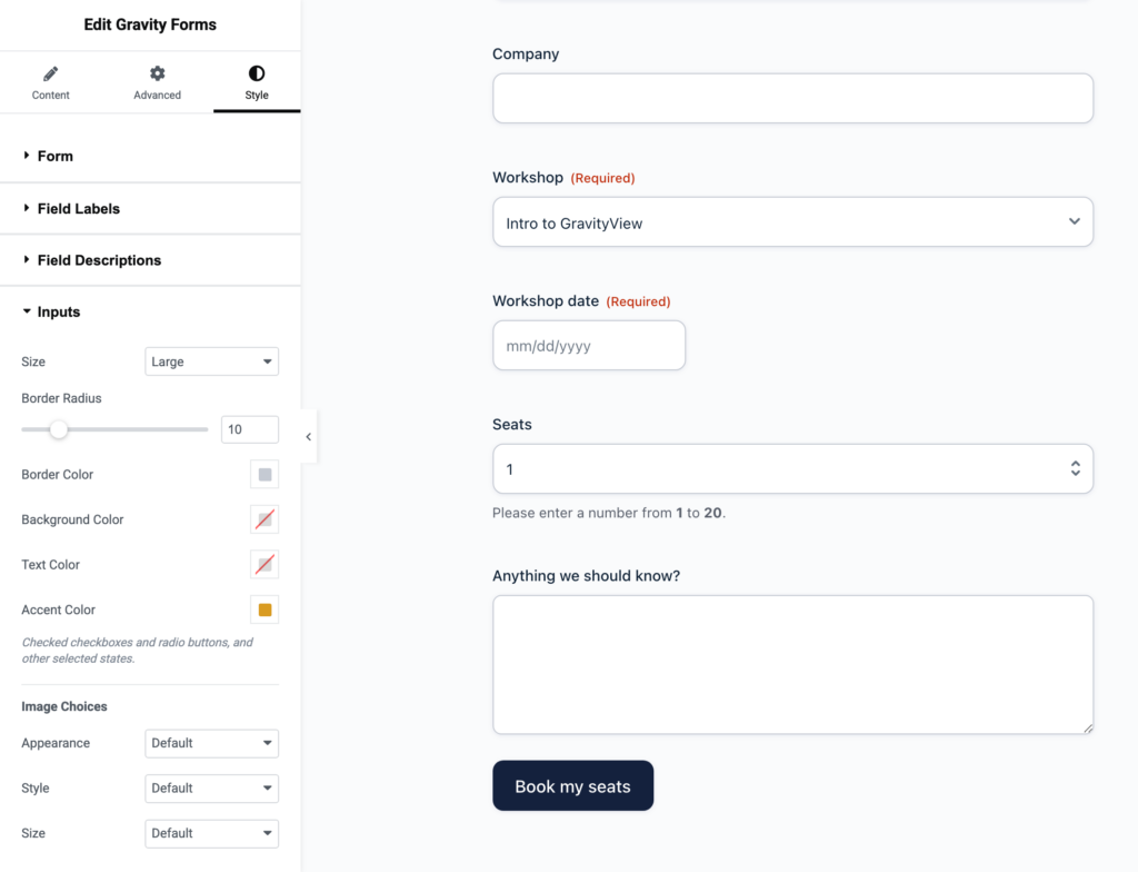 The Gravity Forms widget's Style tab in the Elementor editor, with the Inputs section open showing Size, Border Radius, Border Color, Background Color, Text Color, Accent Color, and Image Choices settings next to a styled booking form