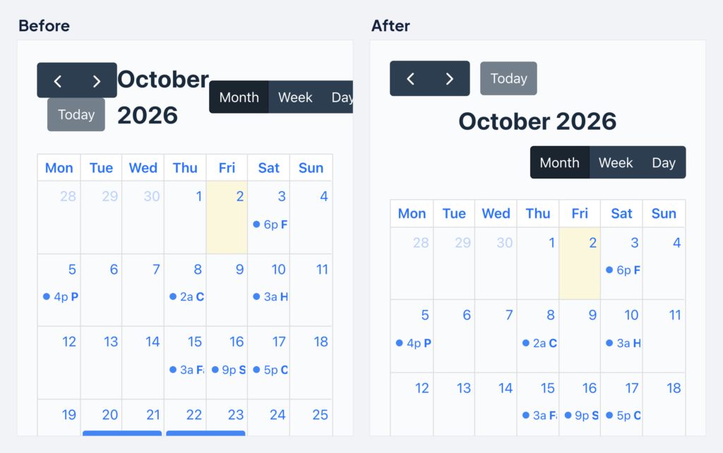 A GravityCalendar month view on a phone before and after the update: before, the month title splits over two lines and the Month, Week, Day buttons run past the edge; after, the buttons wrap onto their own row and October 2026 fits on one line