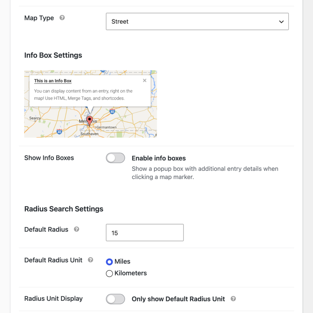 The Maps tab of the View settings, with settings grouped under the Info Box Settings and Radius Search Settings headings