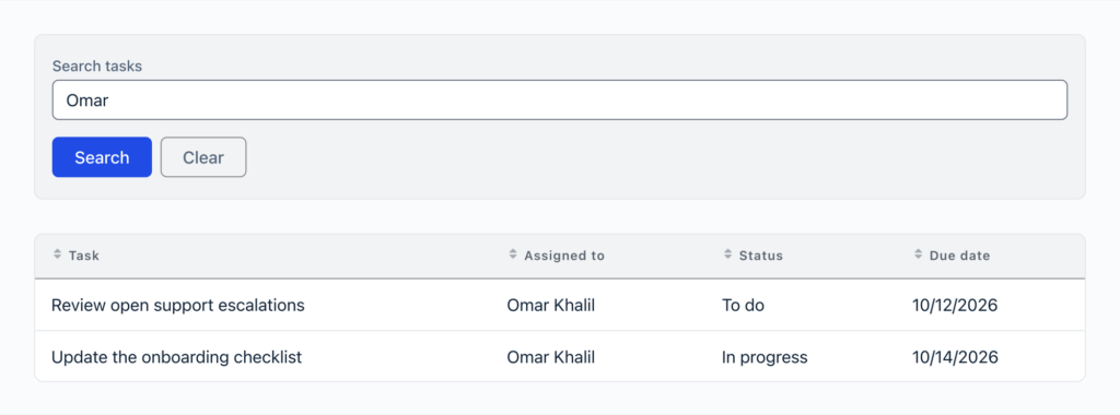 A GravityView table of project tasks searched for Omar, returning the two tasks whose Assigned to field shows Omar Khalil