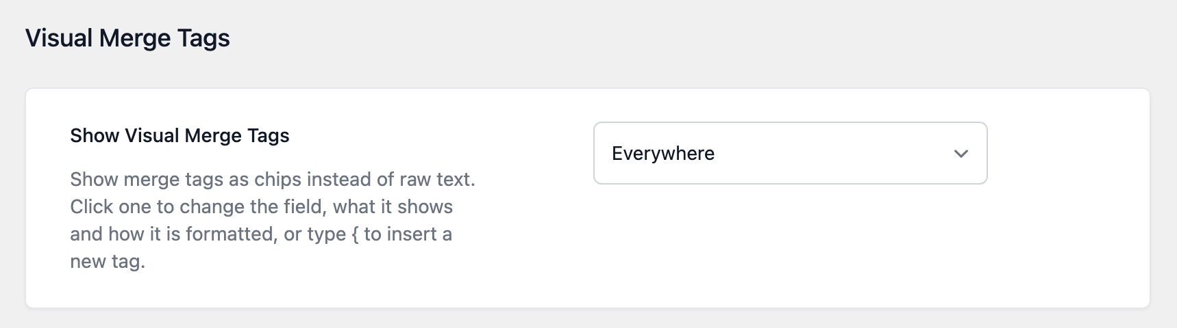 GravityKit Settings, Visual Merge Tags section, with the Show Visual Merge Tags setting set to Everywhere
