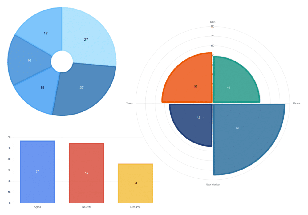 Different chart types; pie chart, radar chart, and a column chart