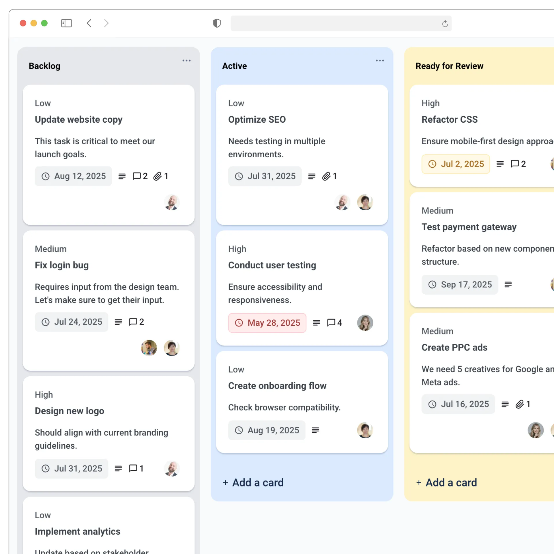 GravityBoard - close up of kanban board
