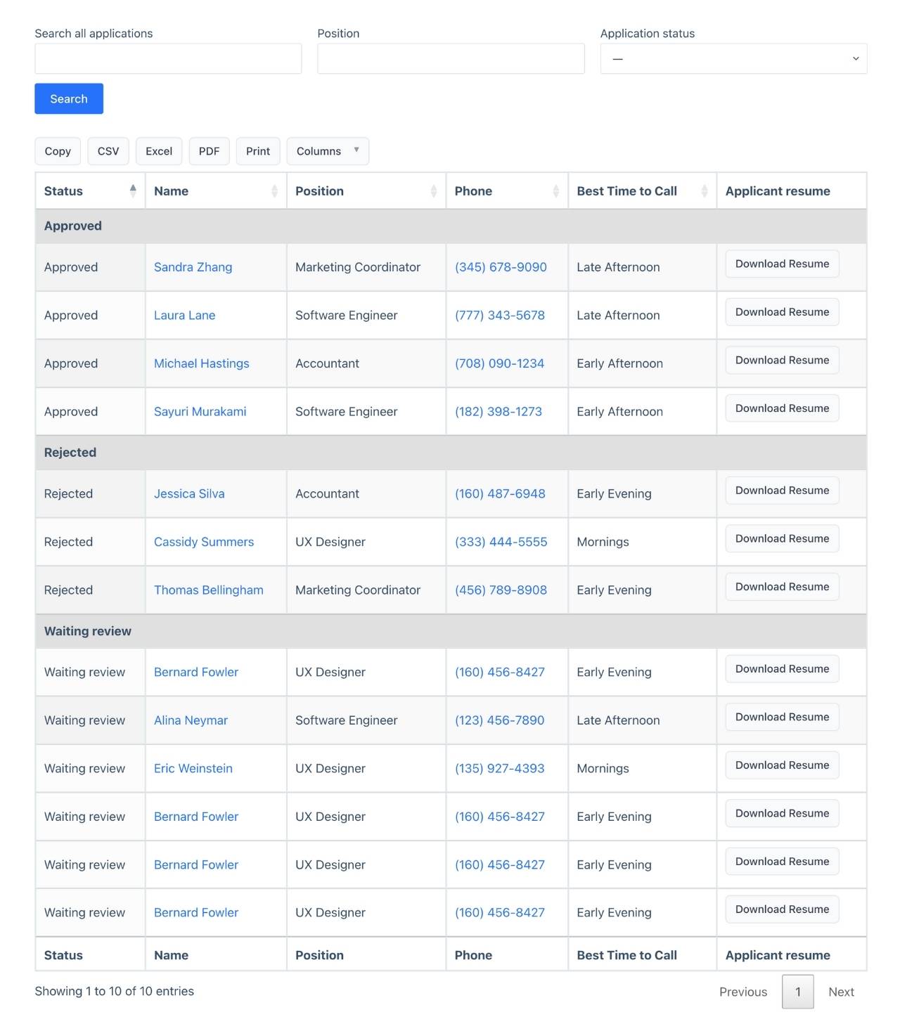 DataTables table of employment applications with export buttons and sorting