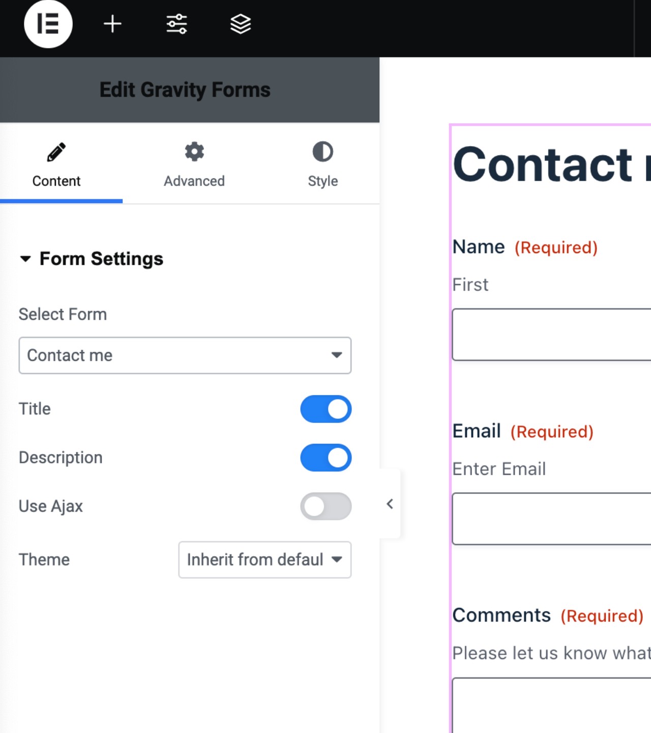 Gravity Forms widget settings in Elementor