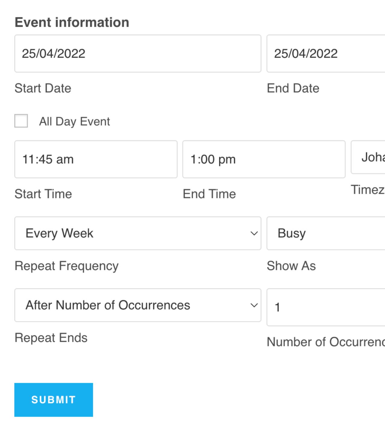 A form with event type fields for start/end date, times, repeat frequency and more.