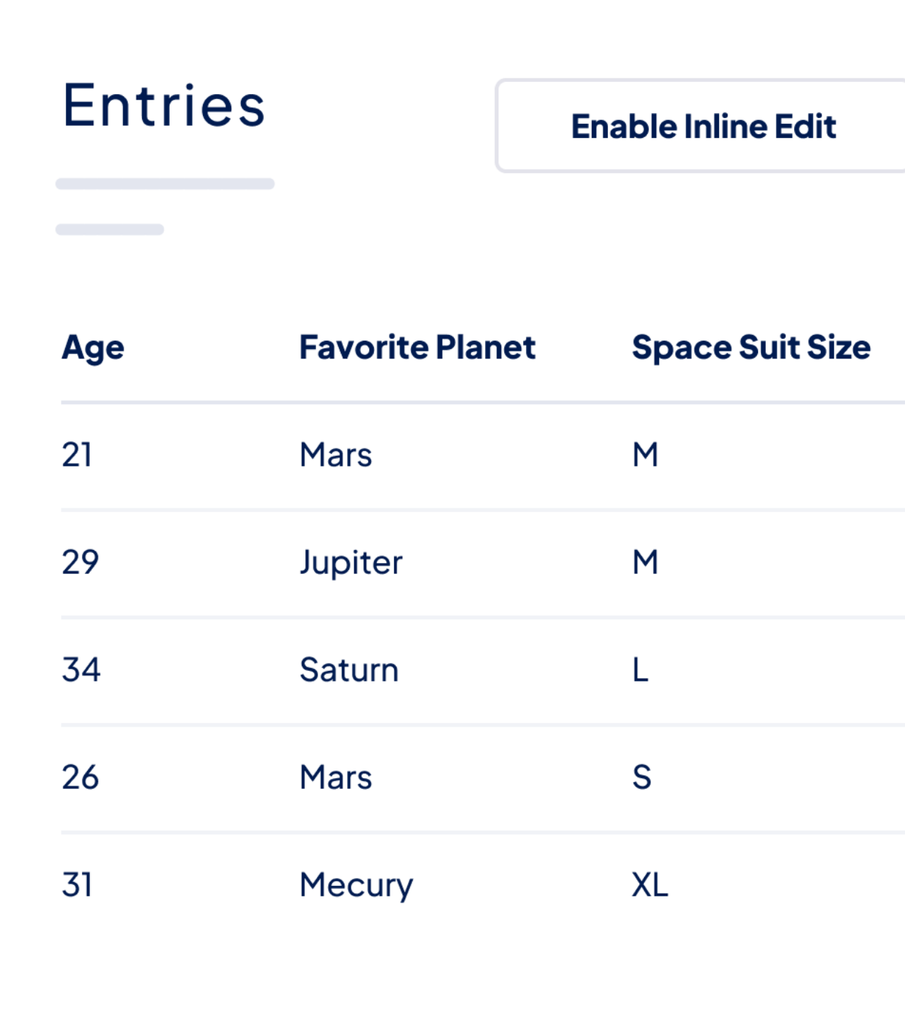 The Gravity Forms 'Entries' screen with a button labeled 'Enable Inline Edit'.