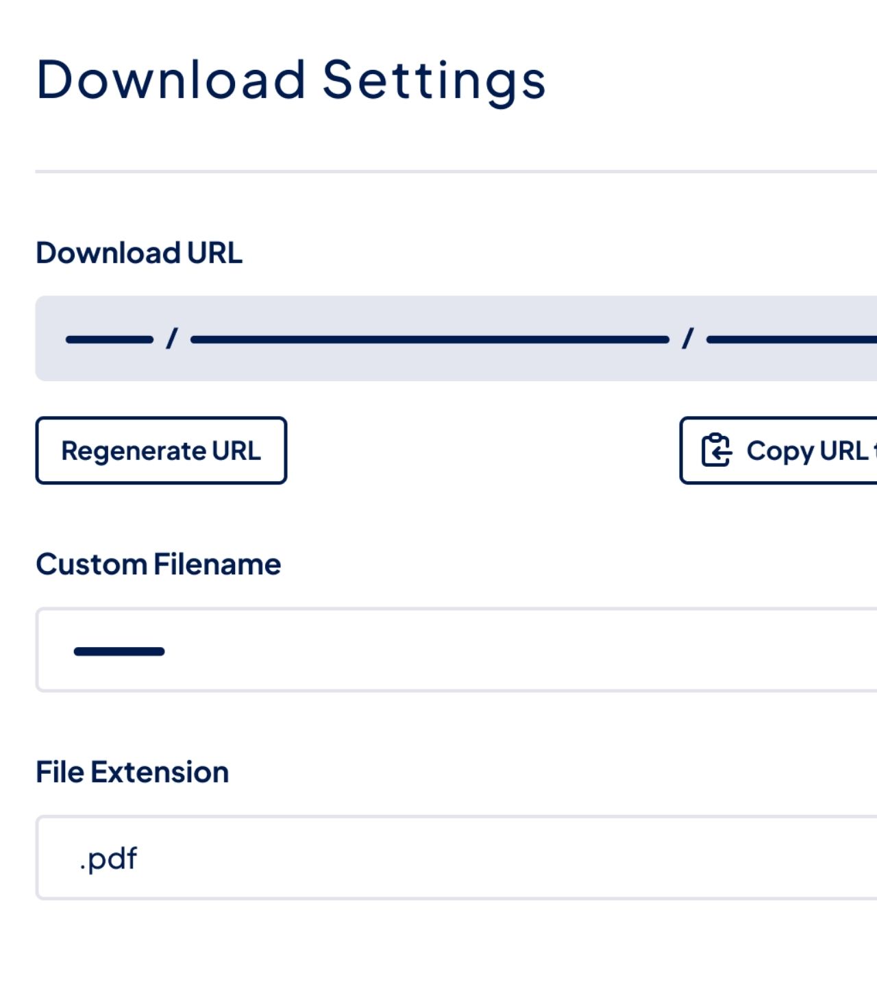Download settings. Visible is a 'download url' box, as well as settings for custom filename and extension.