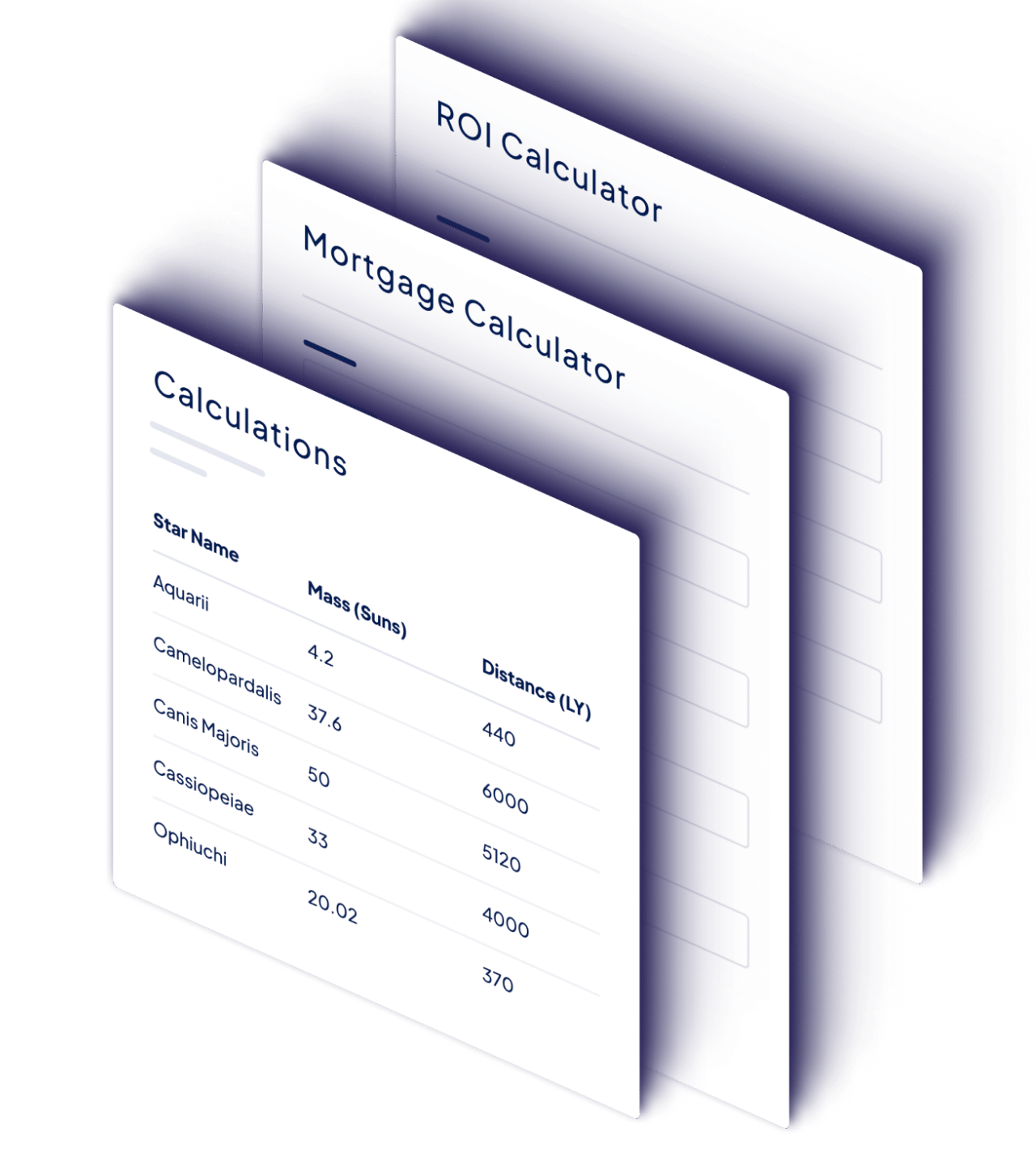A layered view of calculation tables, and form calculators