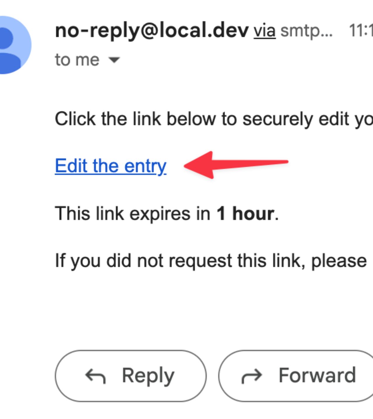 An email with a link titled 'Edit the entry'