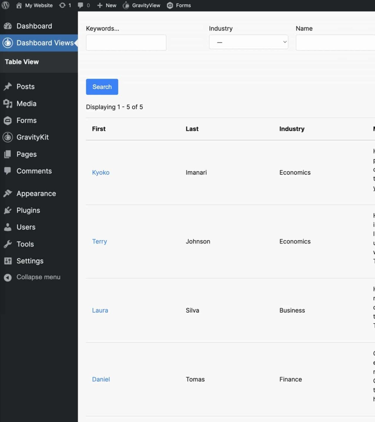 A GravityView View inside the WordPress admin dashboard.