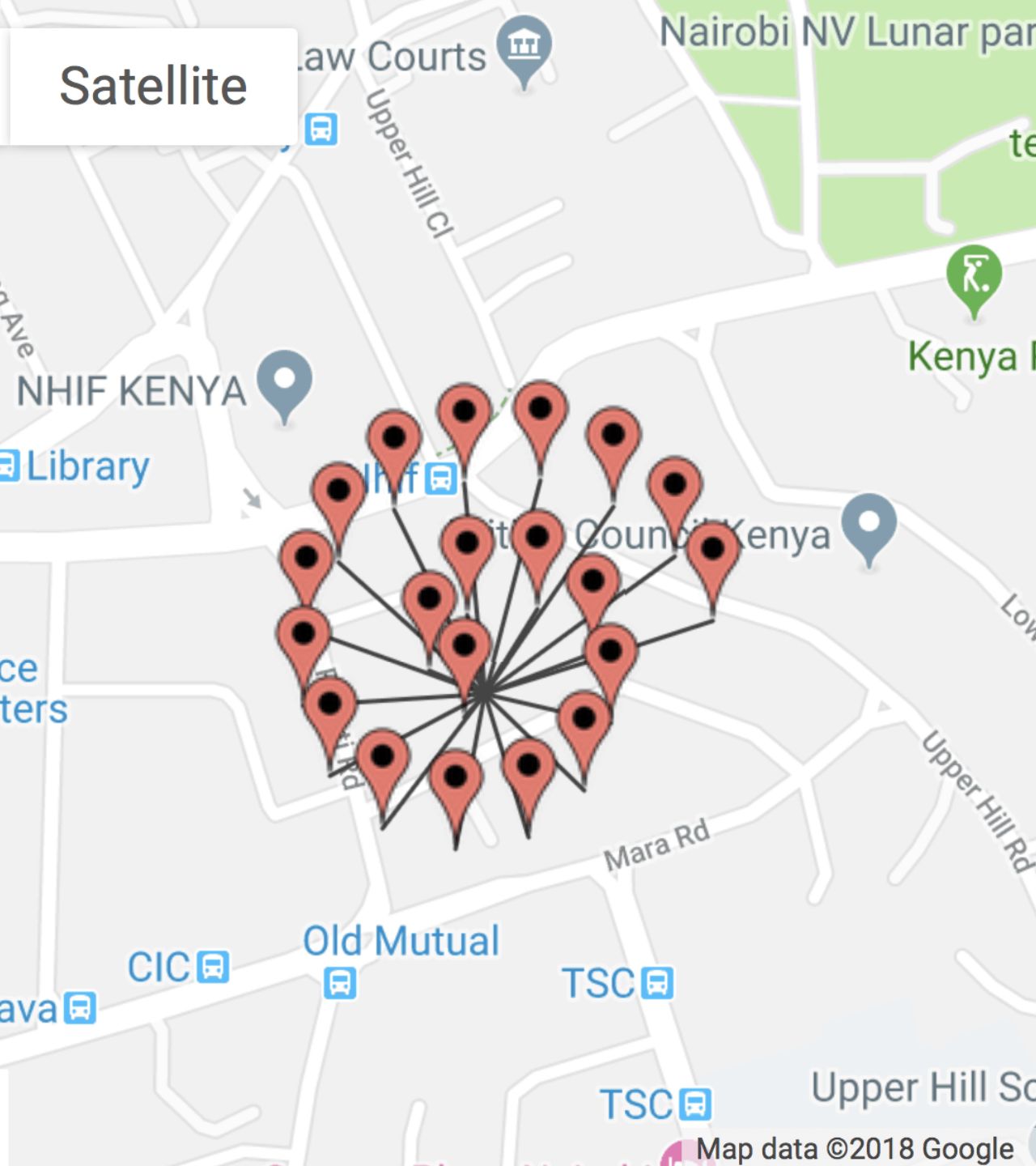 Markers displayed in a spiral formation on a Google Maps