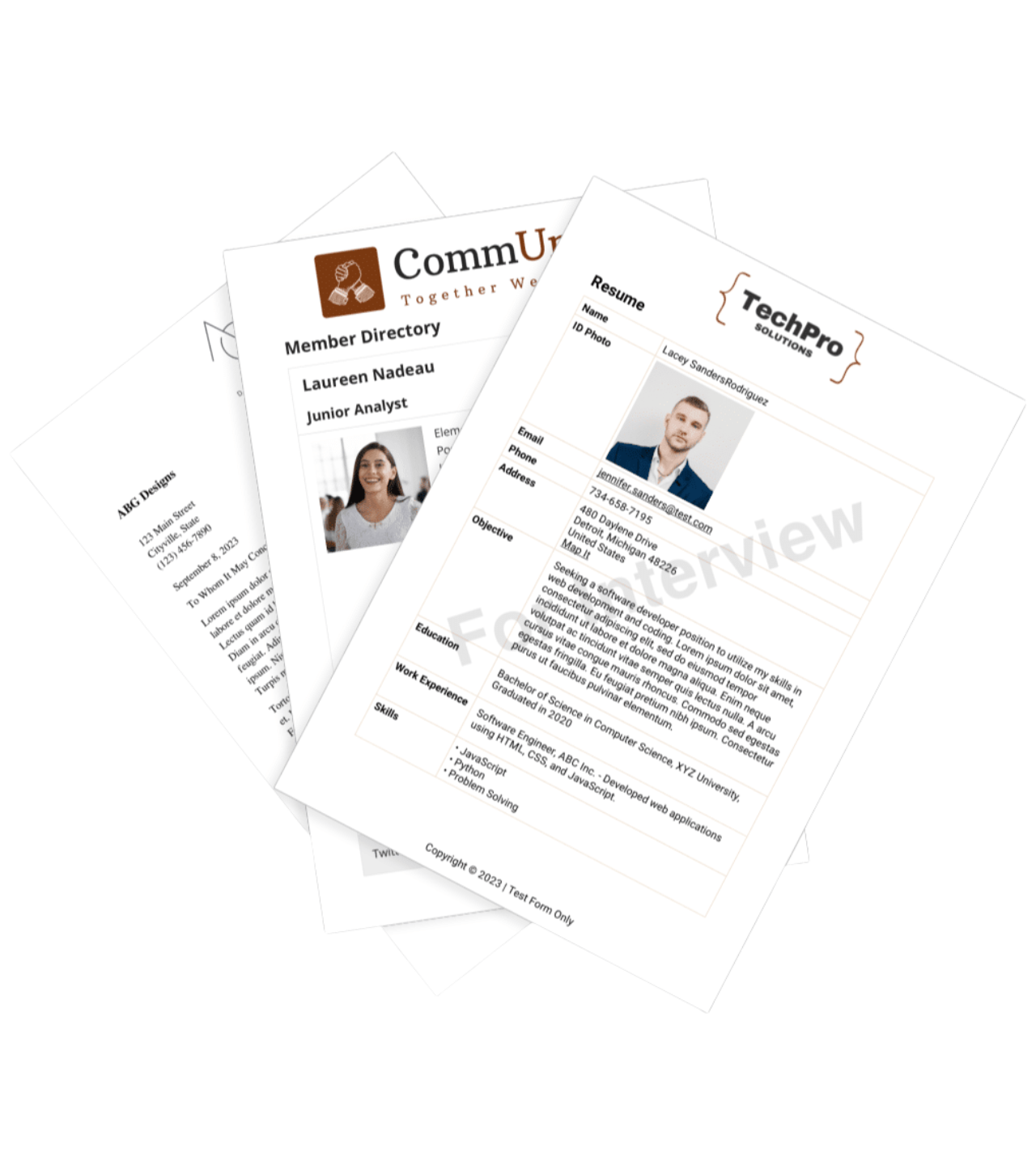 A collection of professional PDF documents generated with PDF for GravityView