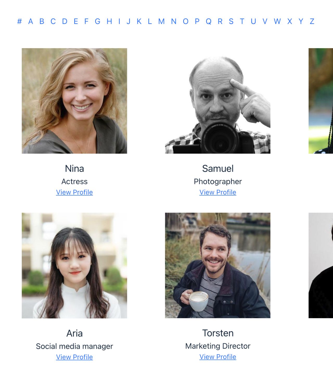 A member direct. At the top is a list of links from A – Z.