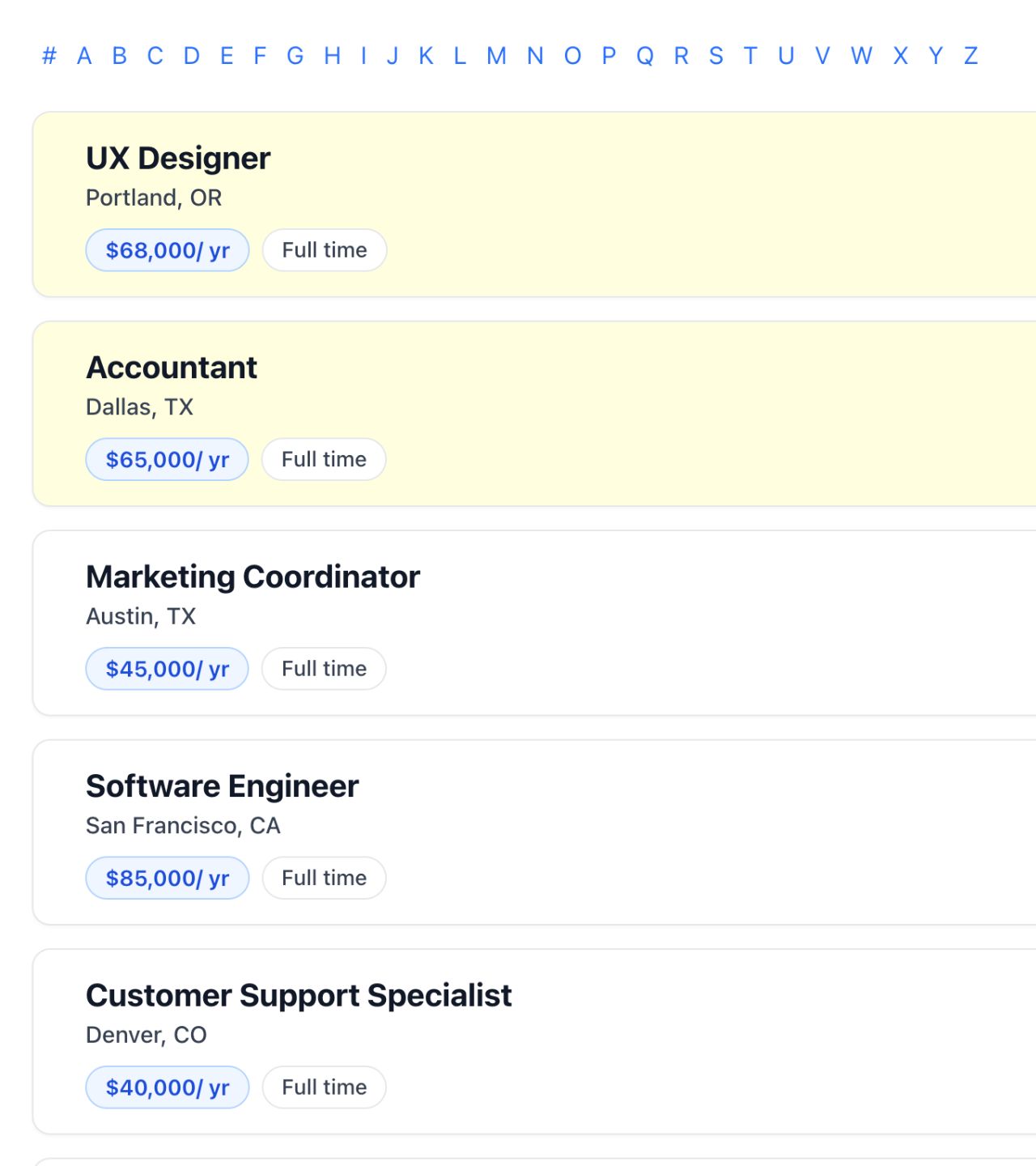 A job board. At the top is a list of links from A – Z.